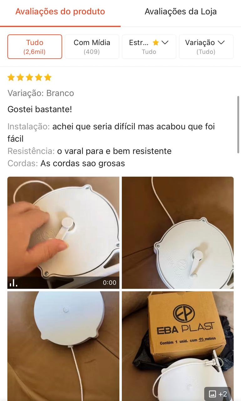 Print de avaliação do varal retrátil EBA PLAST na Shopee